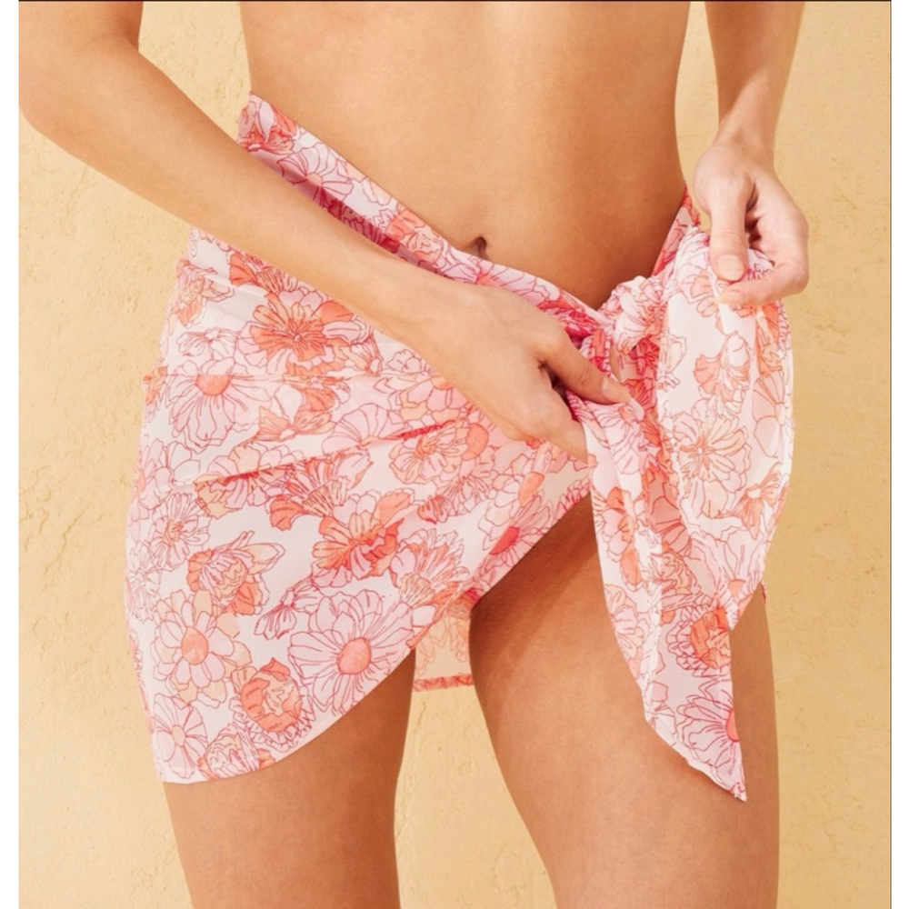 Shade & Shore Floral Pink Sarong Cover Up XL Sheer Chiffon Side Tie Botanical